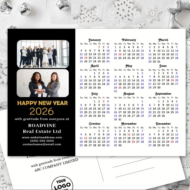 Business 2026 Calendar Modern Black Gold Glitter Holiday Postcard (Creator Uploaded)
