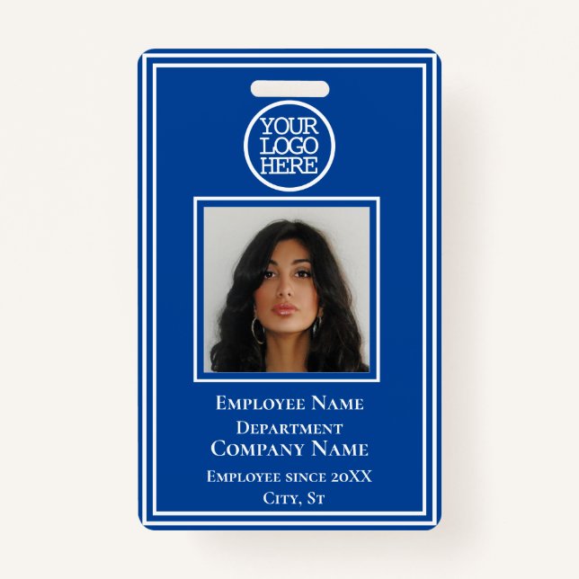 Business Add Logo Modern Blue White Employee Id  ID Badge (Front)