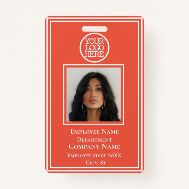 Business Add Logo Modern Orange Employee Id  ID Badge (Front)
