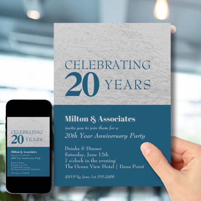 Business Anniversary Celebration Blue & Silver Invitation (Change to ANY YEAR. Order printed and instant download (great to email as a reminder.))