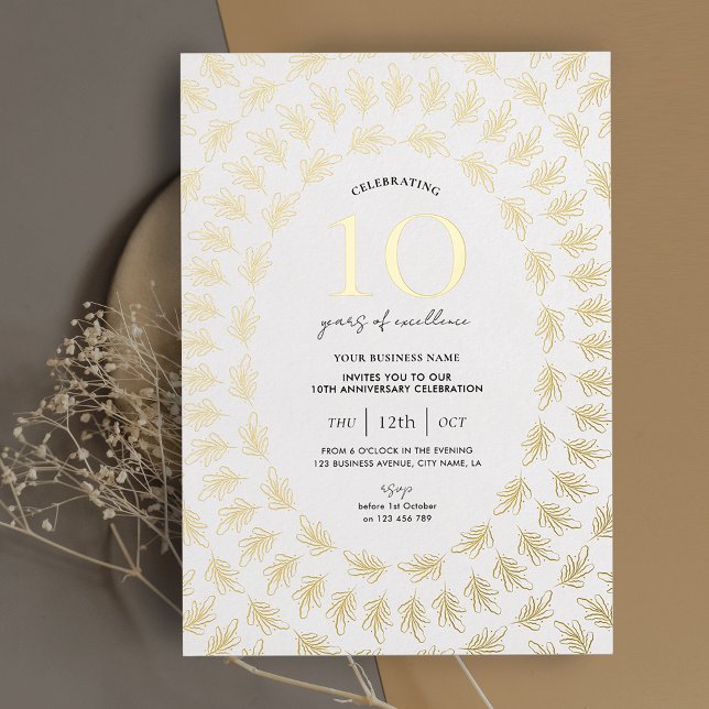 Business Anniversary Celebration Elegant Chic (Elegant white & gold business anniversary party invitation with greenery frame printed in real foil)