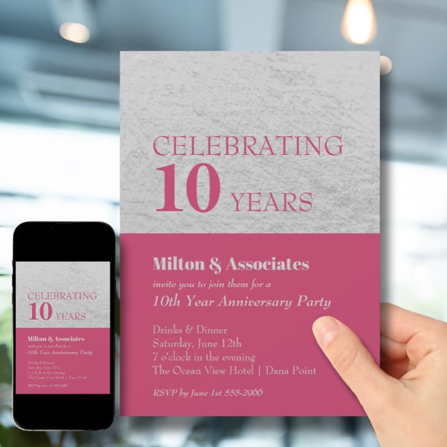 Business Anniversary Celebration Hot Pink Silver Invitation (Change to ANY YEAR. Order printed and instant download (great to email as a reminder.))