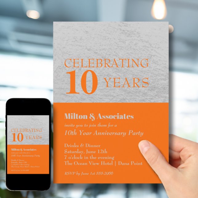 Business Anniversary Celebration Orange Silver Invitation (Change to ANY YEAR. Order printed and instant download (great to email as a reminder.))