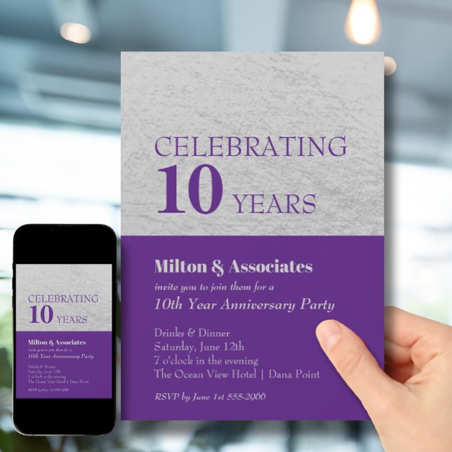 Business Anniversary Celebration Purple Silver Invitation (Change to ANY YEAR. Order printed and instant download (great to email as a reminder.))
