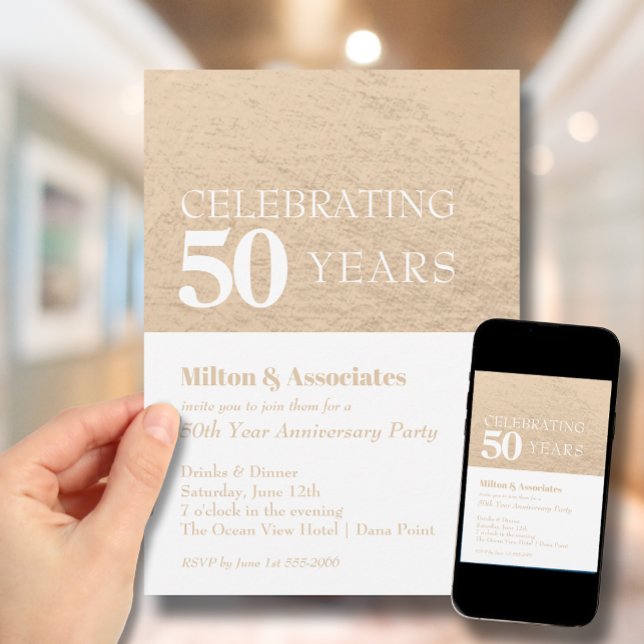 Business Anniversary Gold and White Invitation (Change to ANY YEAR. Order printed and instant download (great to email as a reminder.))