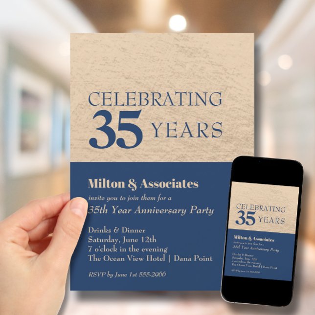 Business Anniversary Navy Gold  Invitation (Change to ANY YEAR. Order printed and instant download (great to email as a reminder.))