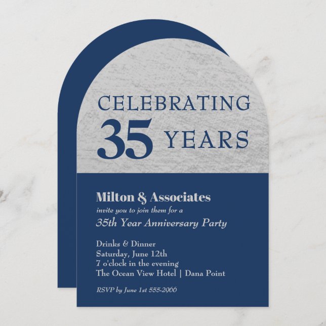 Business Anniversary Navy Silver Arch Top Invitation (Front/Back)