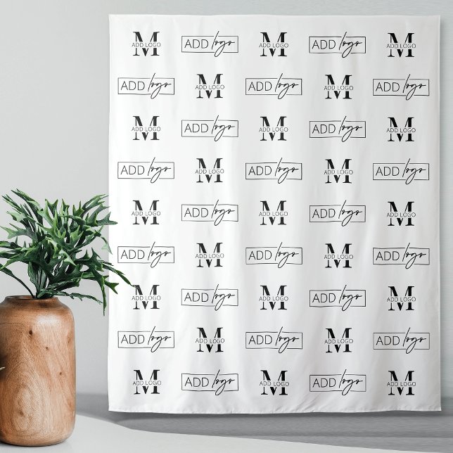 Business Backdrop Step & Repeat Two Logo Banner Tapestry (Modern two logo step and repeat banner in white with space for two custom logos)