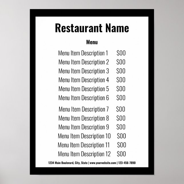 Business Black and White Restaurant Template Menu Poster (Front)
