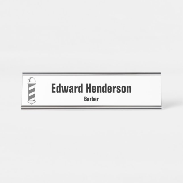 Business Black White and Grey Barber Pole Barber Desk Name Plate (Front)
