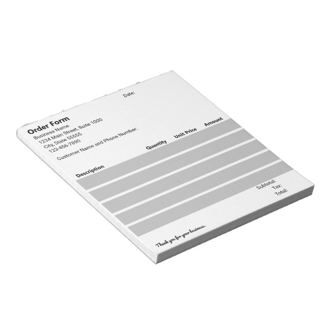 Business Black White Light Grey Order Form Notepad (Angled)