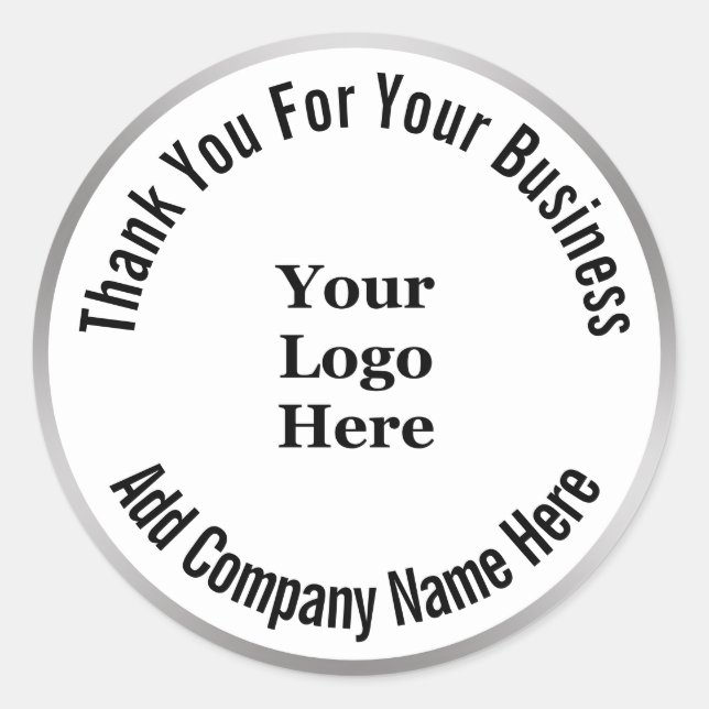 Business Black White Silver Thank You Your Logo Classic Round Sticker (Front)