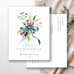 Business Blue Green Winter Berries Corporate Logo Holiday Postcard