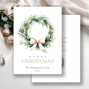 Business Blush Christmas Wreath Corporate Logo Holiday Card