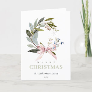 Business Blush Green Winter Wreath Corporate Logo Holiday Card