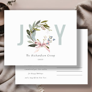 Business Blush Green Winter Wreath Corporate Logo Holiday Postcard