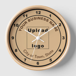 Business Brand on Round Light Brown Wooden Frame Clock