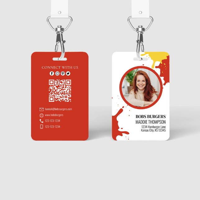 Business Burgers QR Code Photo Template  ID Badge (Ketchup and mustard employee badge.)