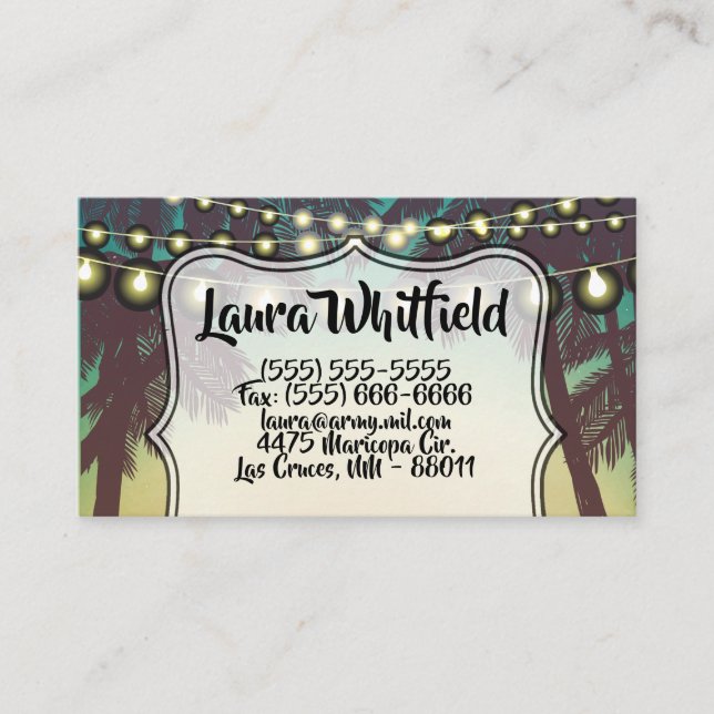 Business Card Beach Sunset Palm Trees String Light (Front)