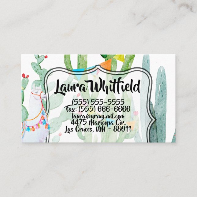 Business Card Boho Llama Bohemian Cacti Desert Flo (Front)