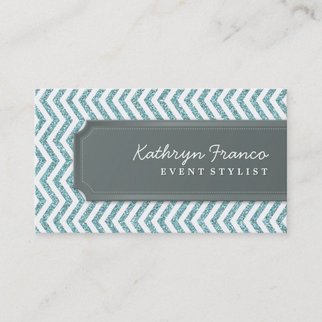 BUSINESS CARD chevron stripe blue glitter effect (Front)