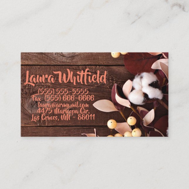 Business Card Cotton Branch on Dark Wood Stem Coun (Front)