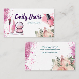 business card design makeup with pink glitter and