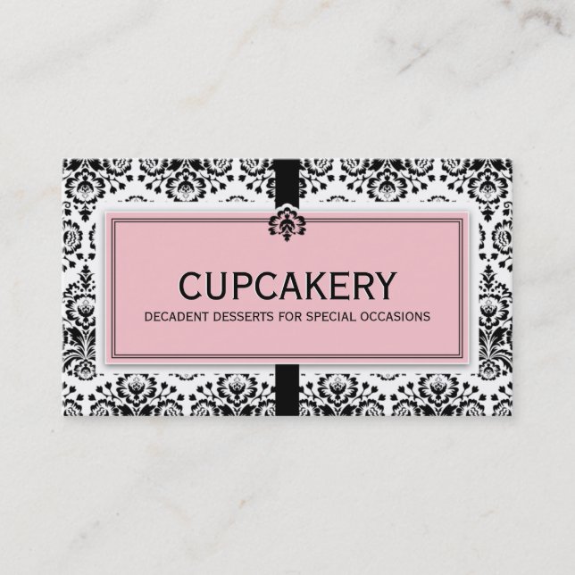 BUSINESS CARD elegant damask black pastel pink (Front)