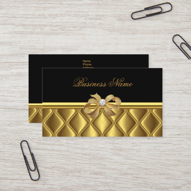 Business Card Elegant Gold Bow Tile Trim Black (Front/Back In Situ)