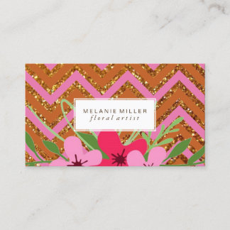 Business Card - Floral Glitter Chevron