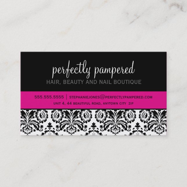 BUSINESS CARD modern damask black fuschia pink (Front)