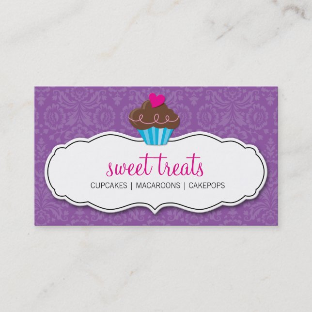 BUSINESS CARD pretty damask cupcake purple pink (Front)