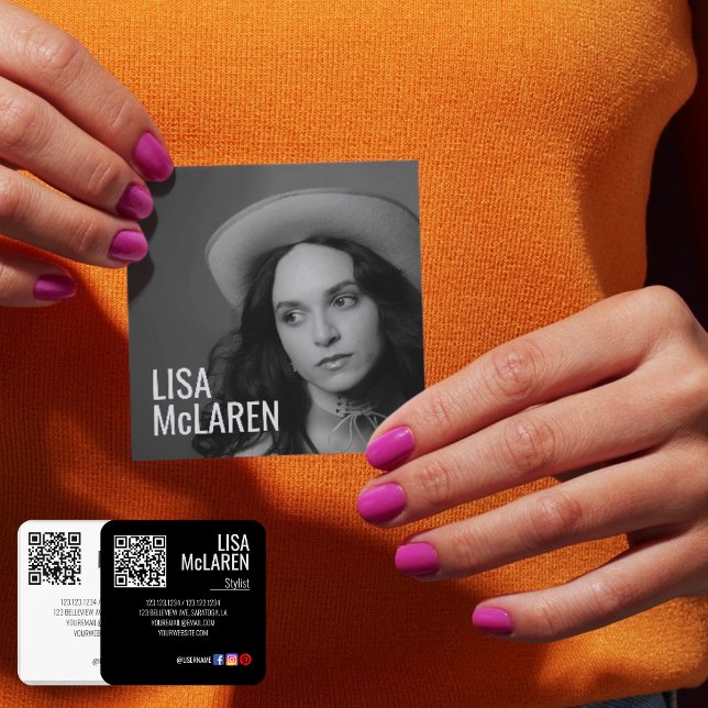 Business Card - Professional Photo & QR Code (Modern Minimalist Business Cards with Photo & QR Code -  Black and white)
