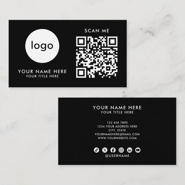 Business Card QR Code Logo Modern Black Design (Front/Back)