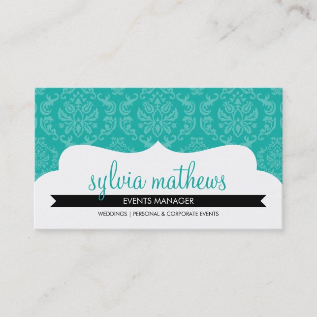 BUSINESS CARD stylish damask pattern jade green (Front)