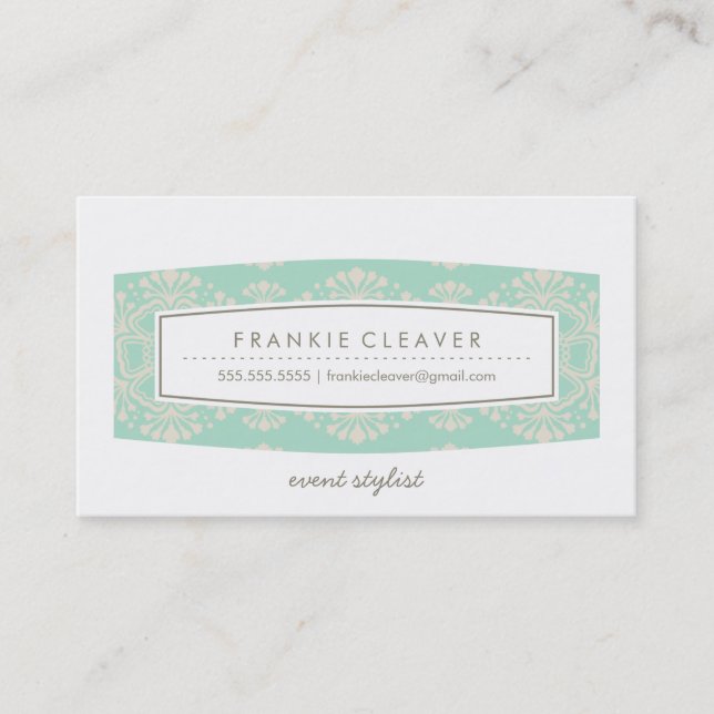 BUSINESS CARD vintage floral pattern mint cream (Front)