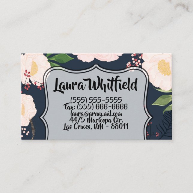 Business Card White Floral Flowers on Dark Blue (Front)