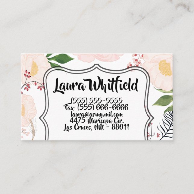 Business Card White Floral Flowers on White (Front)