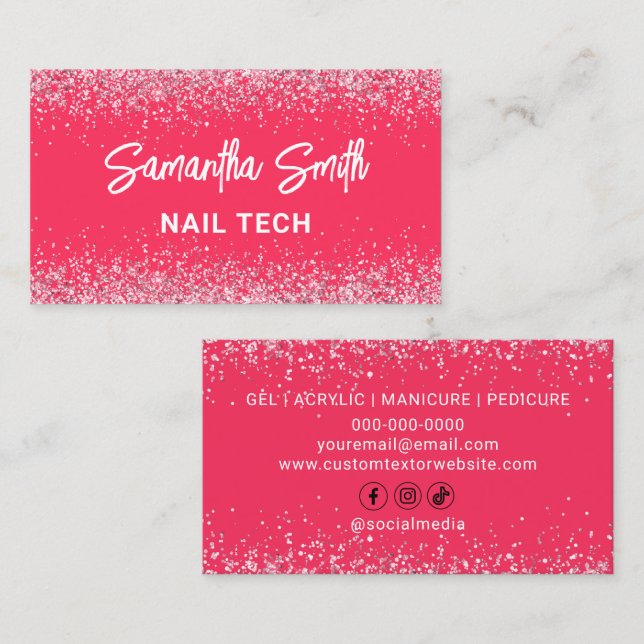 Business Cards For Nail Tech Hot Pink Glitter (Front/Back)