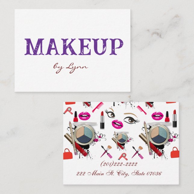 Business Cards, Makeup Purple White Business Cards (Front/Back)