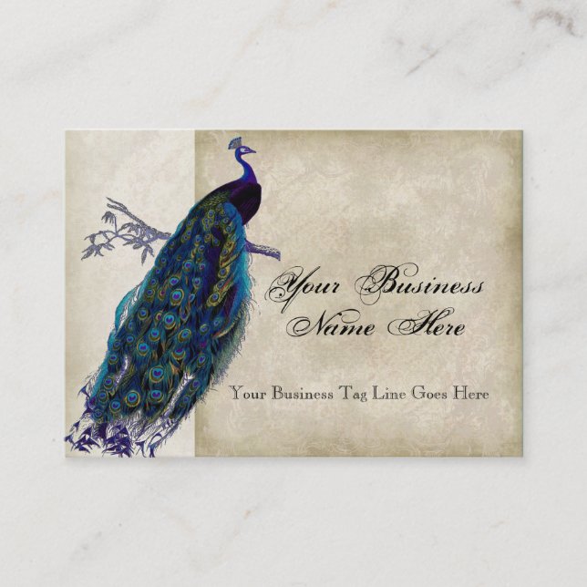 Business Cards - Teal Vintage Peacock 8 & Etchings (Front)