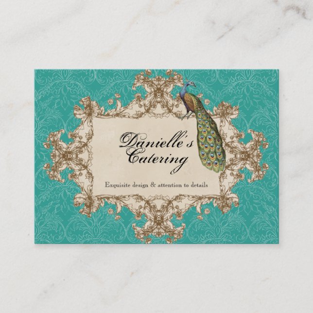 Business Cards - Teal Vintage Peacock & Etchings (Front)