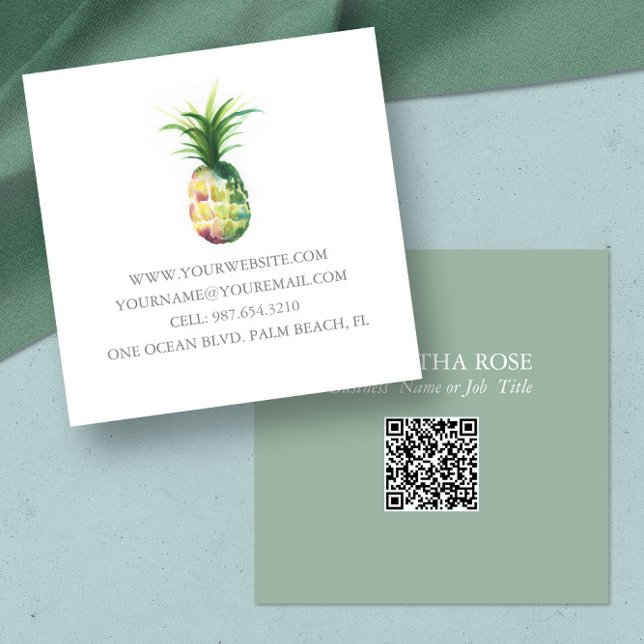 Business Cards Template Watercolor Pineapple (Custom business cards feature unique pineapple watercolor art by Victoria Grigaliunas)