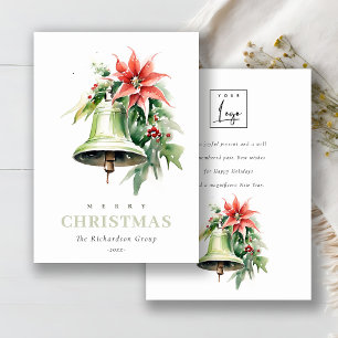 Business Christmas Bell Poinsettia Corporate Logo Holiday Card