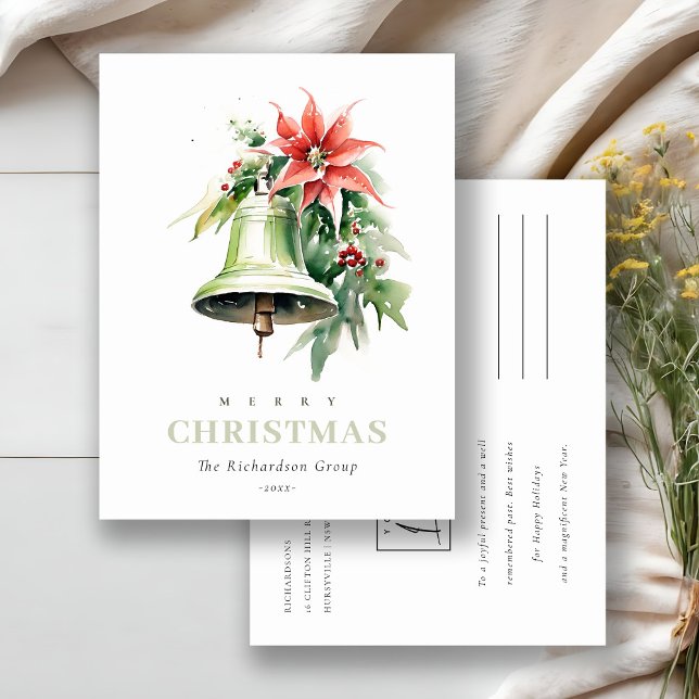 Business Christmas Bell Poinsettia Corporate Logo Holiday Postcard (Creator Uploaded)