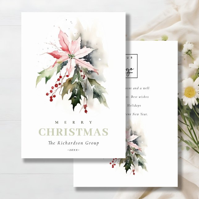 Business Christmas Berry Poinsettia Corporate Logo Holiday Card (Creator Uploaded)