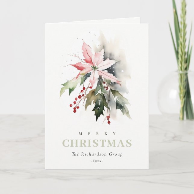 Business Christmas Berry Poinsettia Corporate Logo Holiday Card (Front)