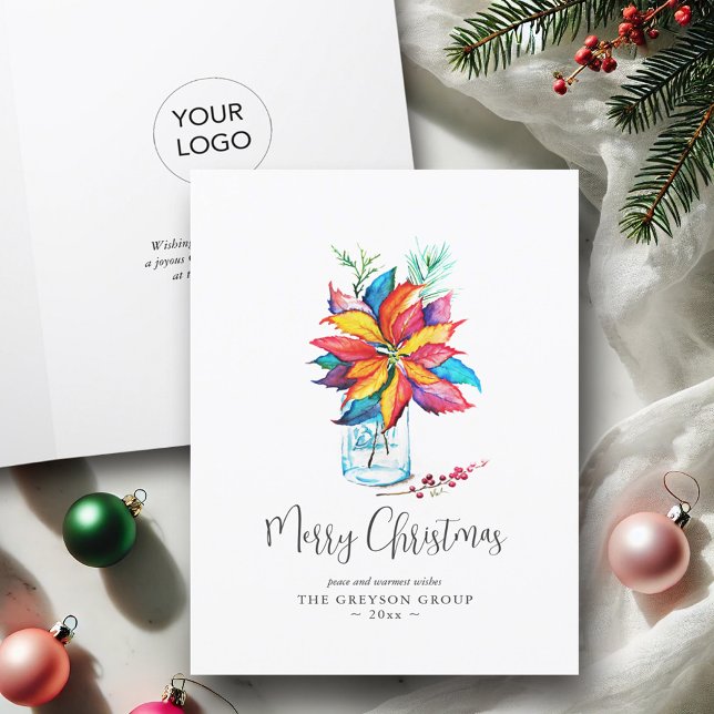 Business Christmas Cards Colourful Poinsettia  (Business Christmas cards with logo colorful watercolor poinsettia art by Victoria Grigaliunas )