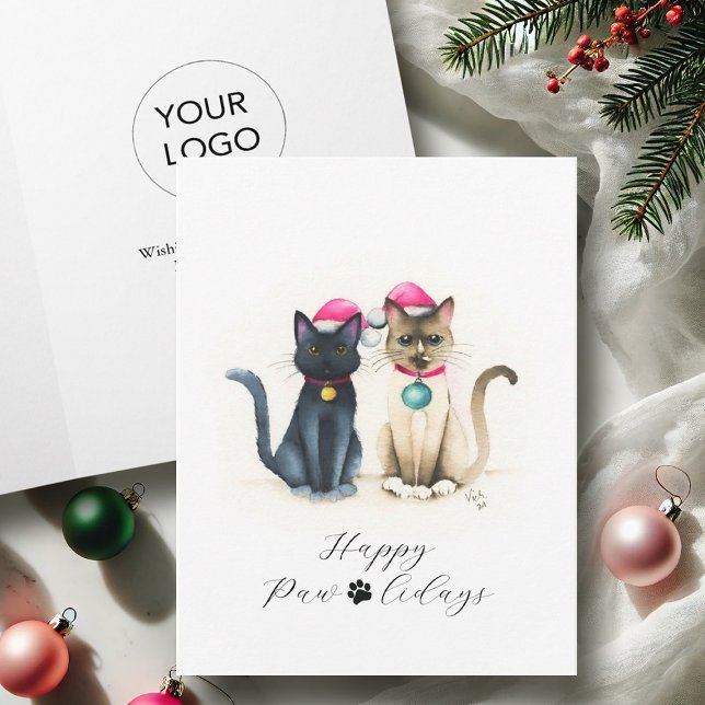Business Christmas Cards With Logo Cat Lover (Business Christmas cards with logo watercolor cats by Victoria Grigaliunas of Do Tell A Belle)