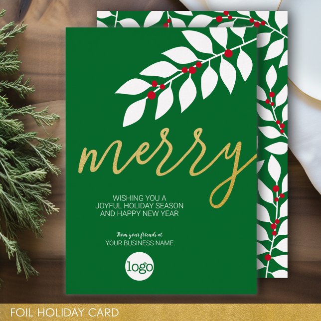 Business Christmas Greeting - Green Red Merry Gold (Business Holiday Card - Add Your Logo to this Foil Accented Office Card)